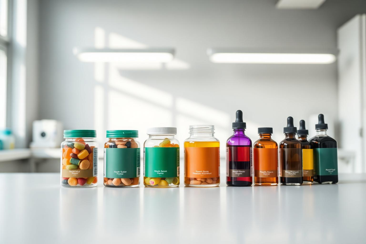 Supplement gummies, tinctures and beverages on a manufacturing workbench